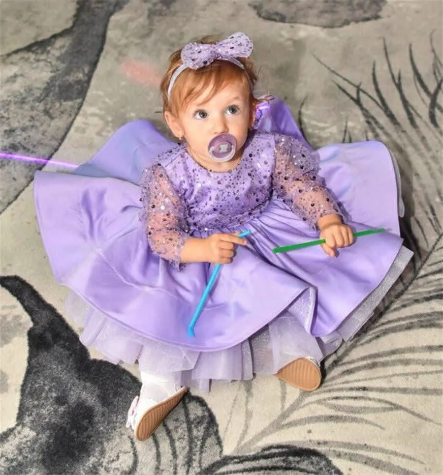 0-12 years old birthday party sequined long-sleeved fluffy girl princess dress   bow headpiece