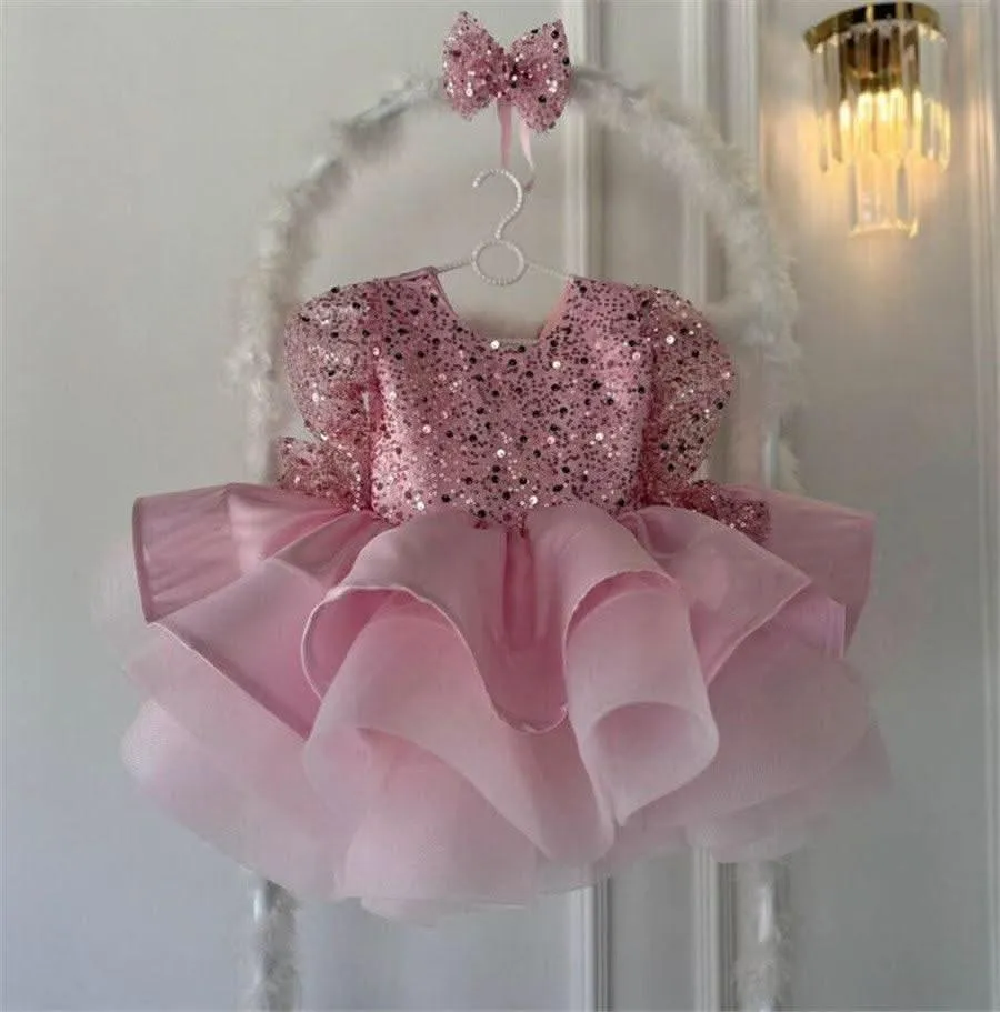 0-12 years old birthday party sequined long-sleeved fluffy girl princess dress   bow headpiece