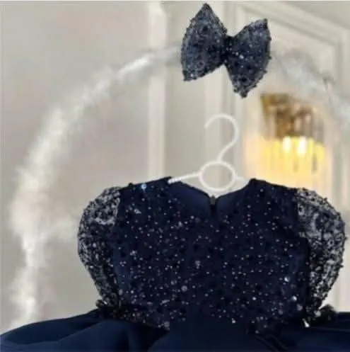 0-12 years old birthday party sequined long-sleeved fluffy girl princess dress   bow headpiece