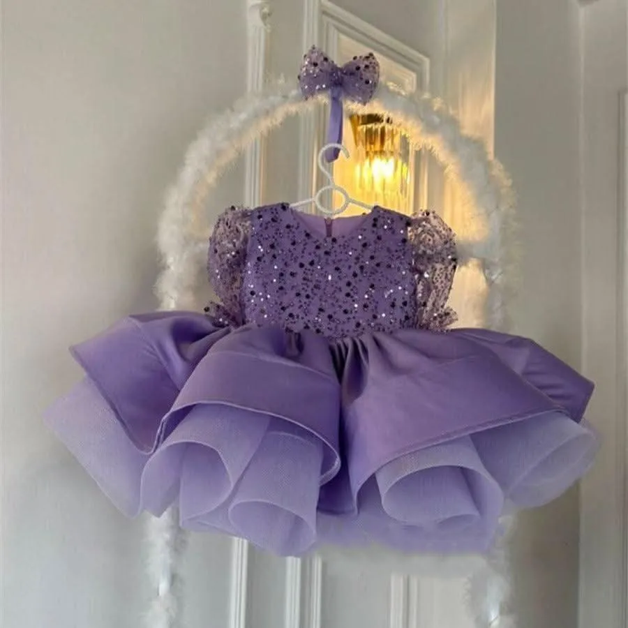 0-12 years old birthday party sequined long-sleeved fluffy girl princess dress   bow headpiece