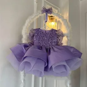 0-12 years old birthday party sequined long-sleeved fluffy girl princess dress   bow headpiece