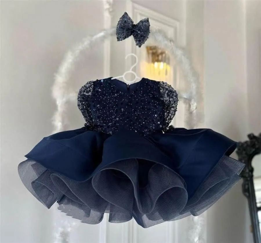 0-12 years old birthday party sequined long-sleeved fluffy girl princess dress   bow headpiece