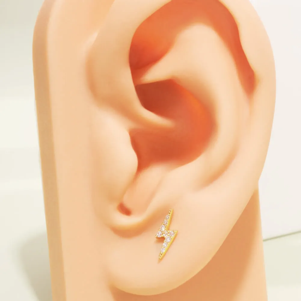 14K Solid Gold Lightning Bolt Clear CZ Push Pin Cartilage Earring
