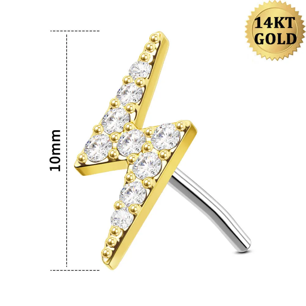 14K Solid Gold Lightning Bolt Clear CZ Push Pin Cartilage Earring