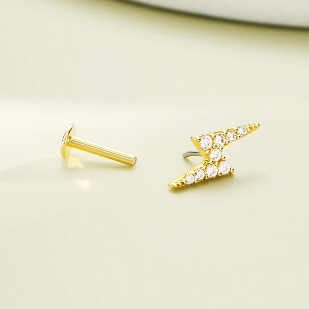 14K Solid Gold Lightning Bolt Clear CZ Push Pin Cartilage Earring
