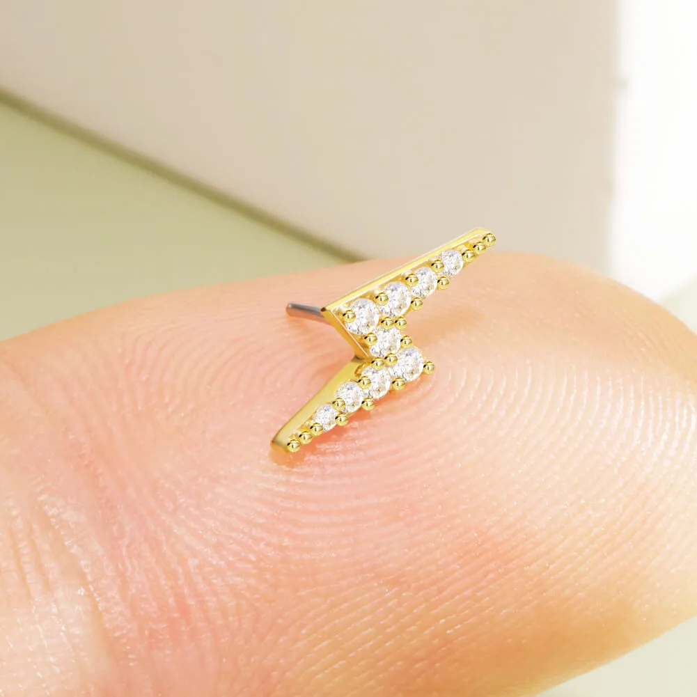 14K Solid Gold Lightning Bolt Clear CZ Push Pin Cartilage Earring