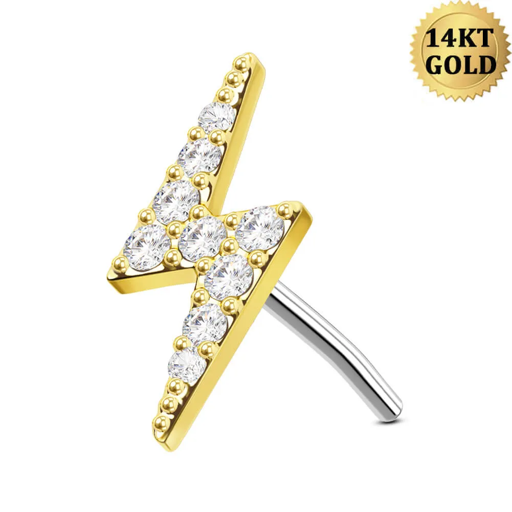14K Solid Gold Lightning Bolt Clear CZ Push Pin Cartilage Earring