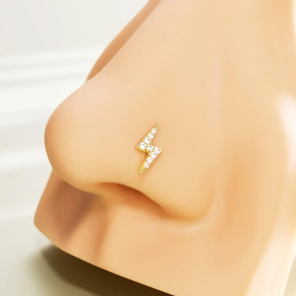 14K Solid Gold Lightning Bolt Clear CZ Push Pin Cartilage Earring