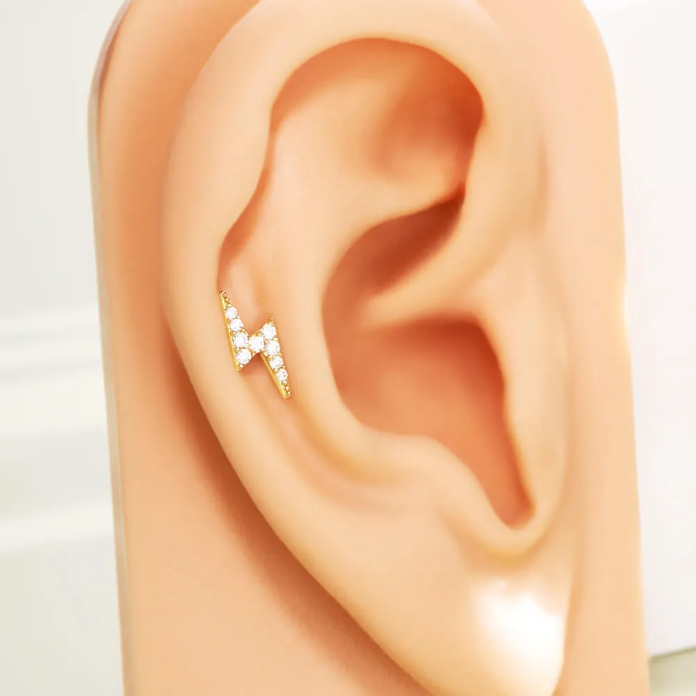 14K Solid Gold Lightning Bolt Clear CZ Push Pin Cartilage Earring