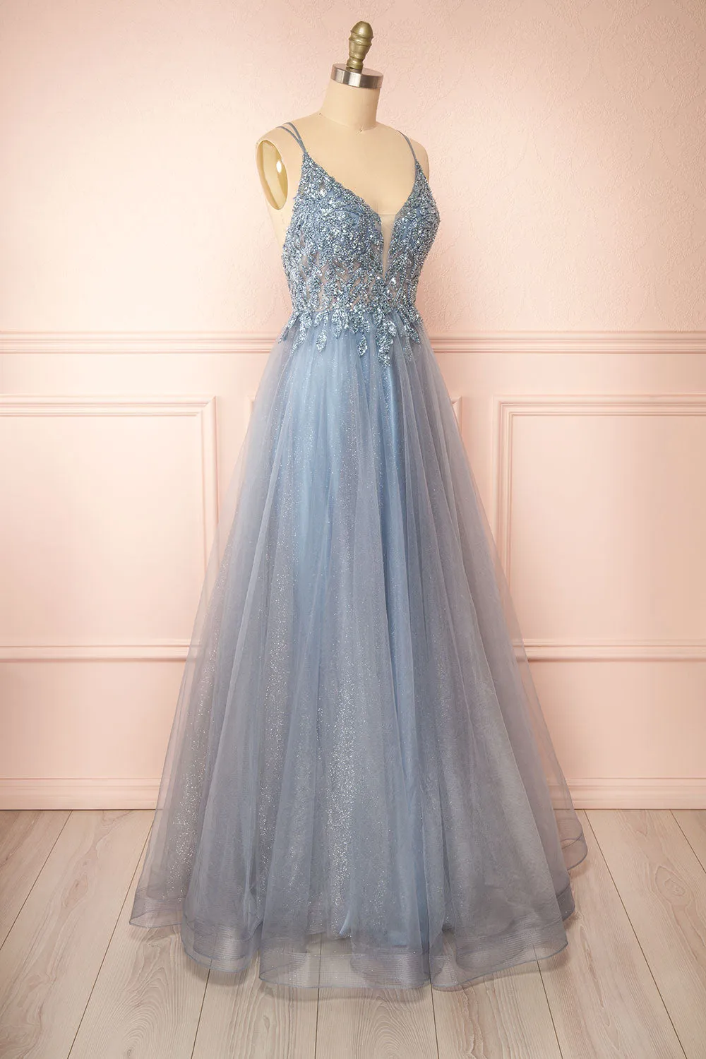 Aethera Blue Grey | Sparkling Beaded A-Line Maxi Dress