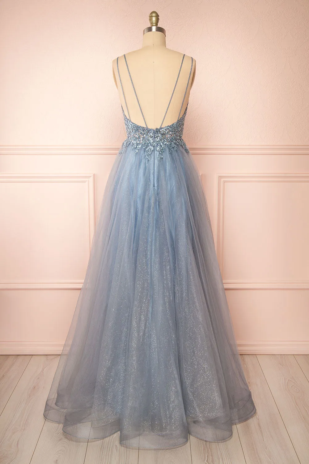 Aethera Blue Grey | Sparkling Beaded A-Line Maxi Dress