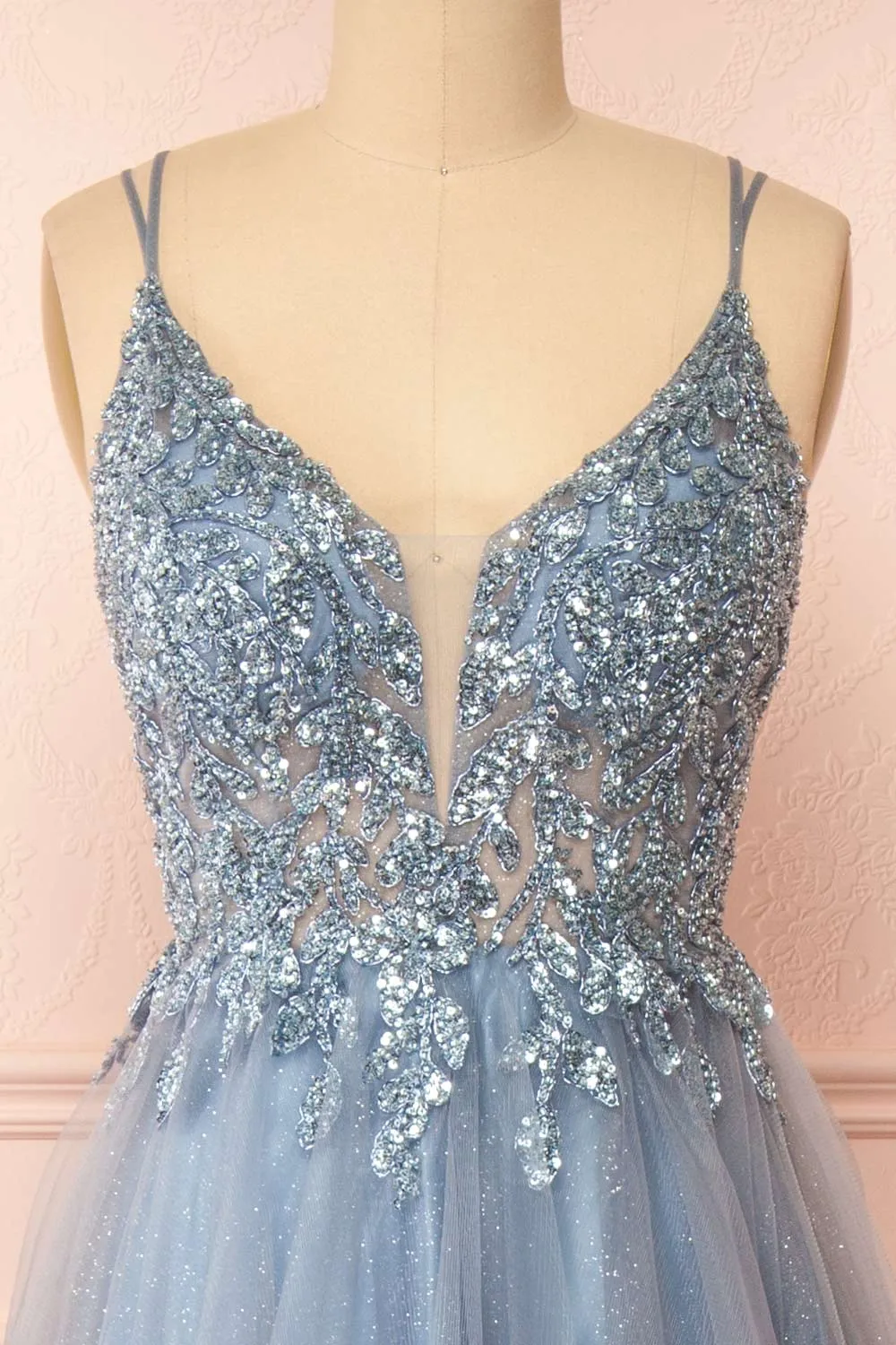 Aethera Blue Grey | Sparkling Beaded A-Line Maxi Dress