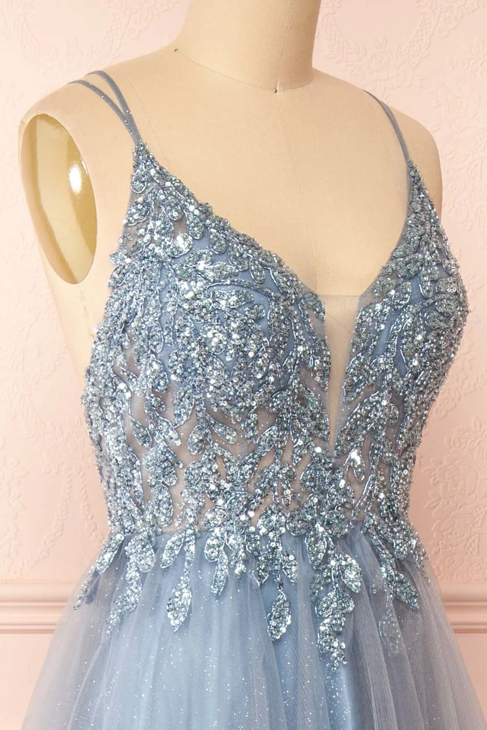 Aethera Blue Grey | Sparkling Beaded A-Line Maxi Dress