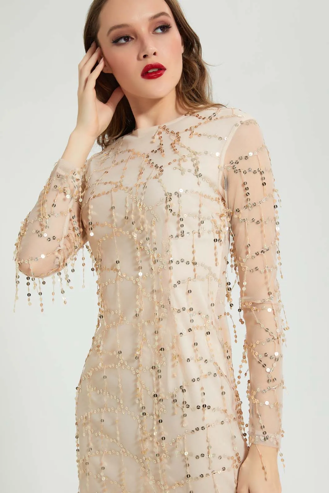 Beige Sequin Bodycon Dress