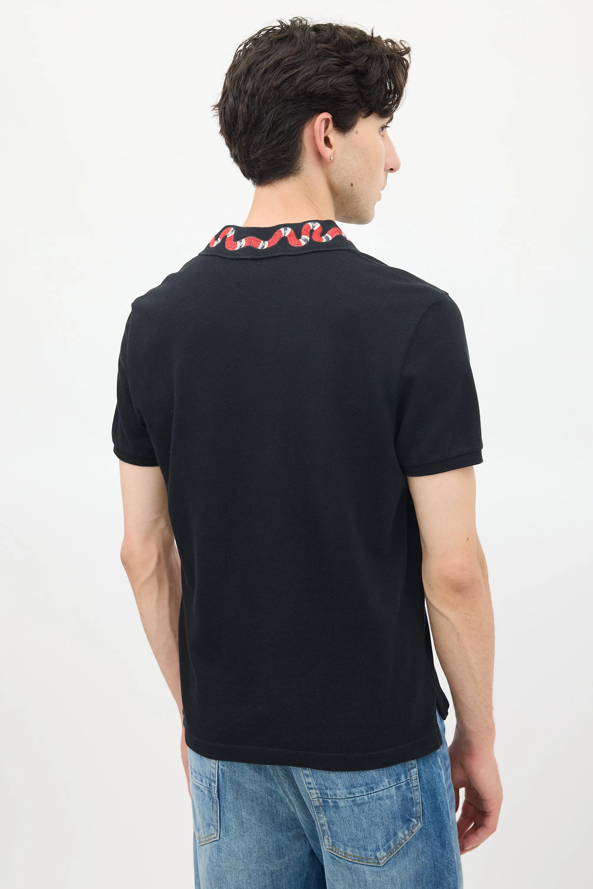 Black Cotton Embroidered Collar Polo
