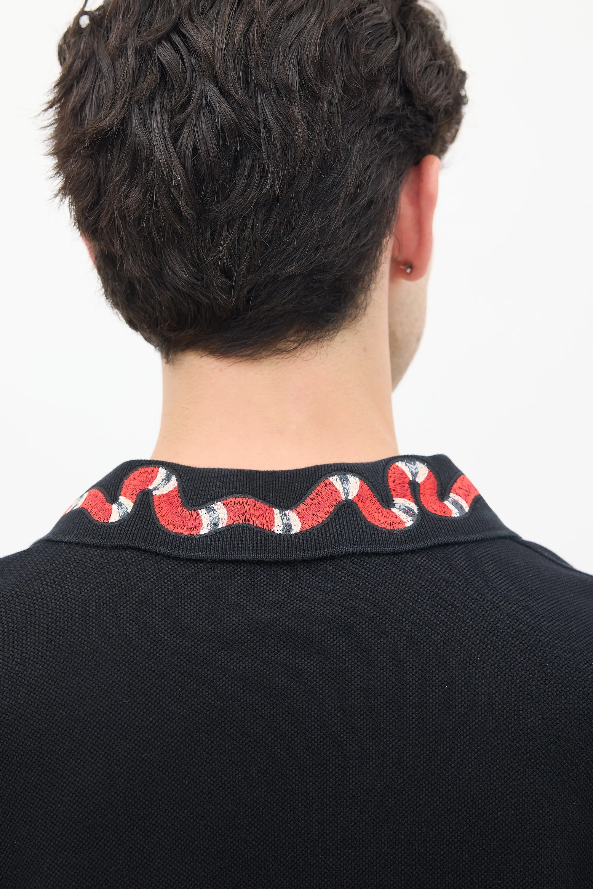 Black Cotton Embroidered Collar Polo