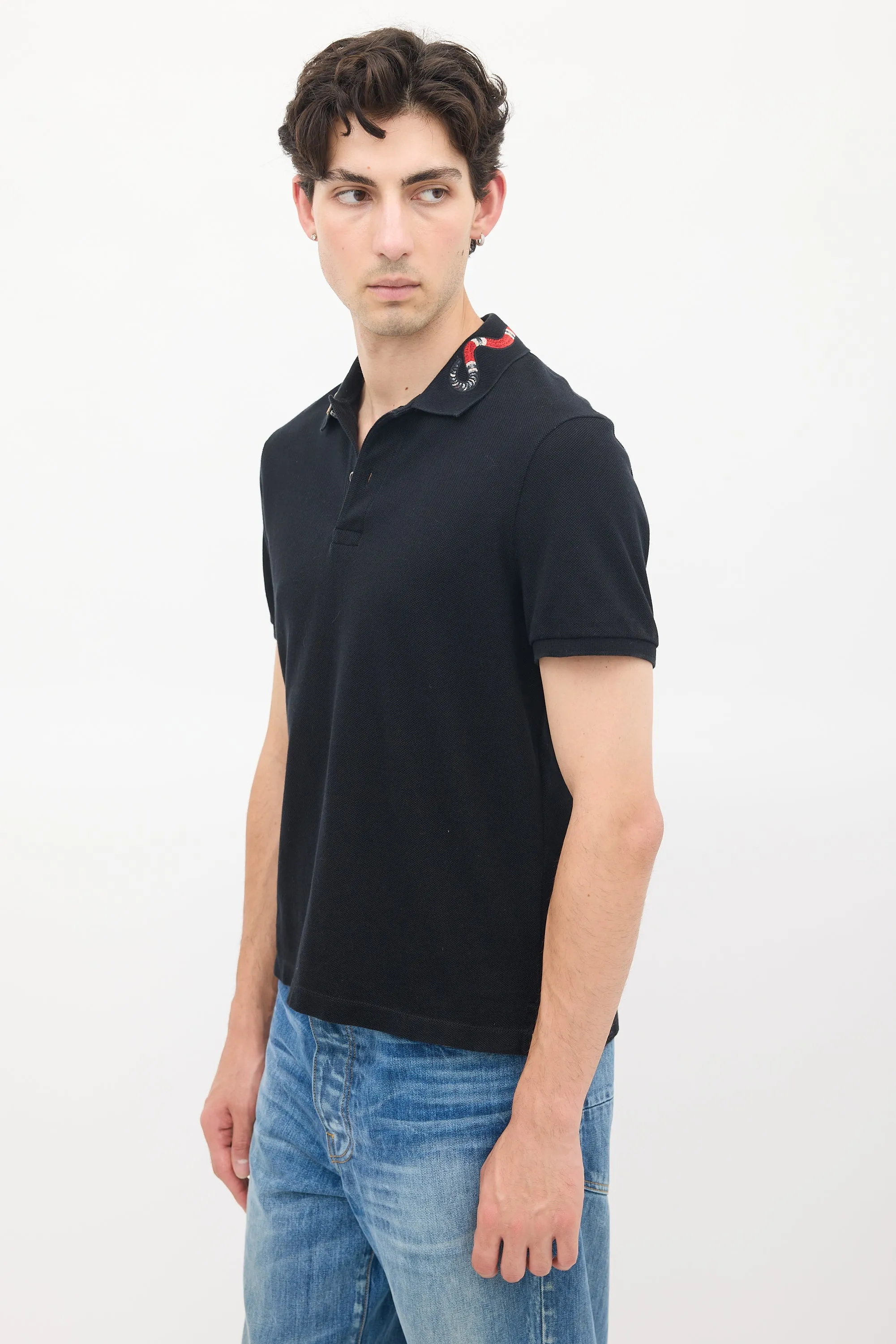 Black Cotton Embroidered Collar Polo