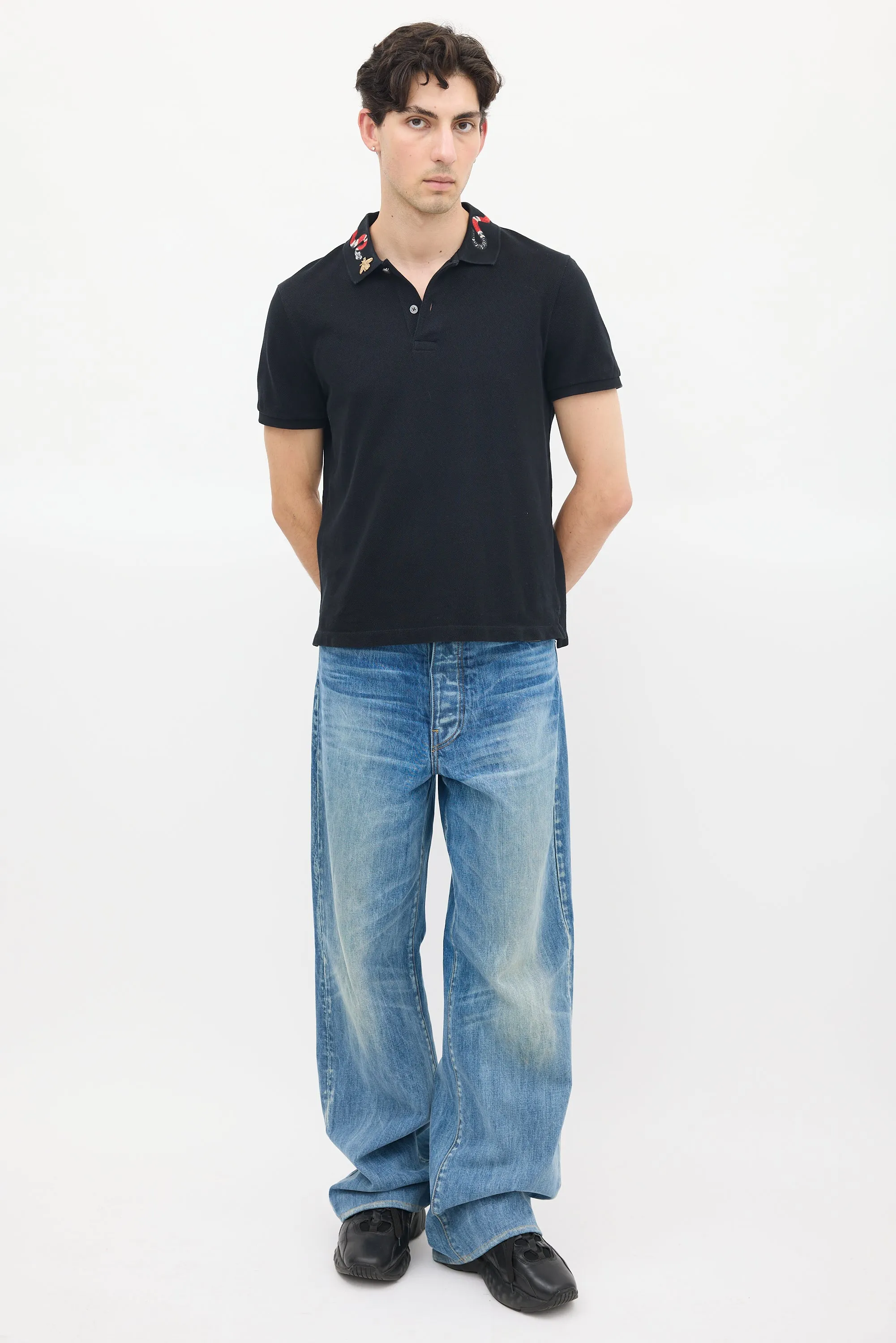 Black Cotton Embroidered Collar Polo