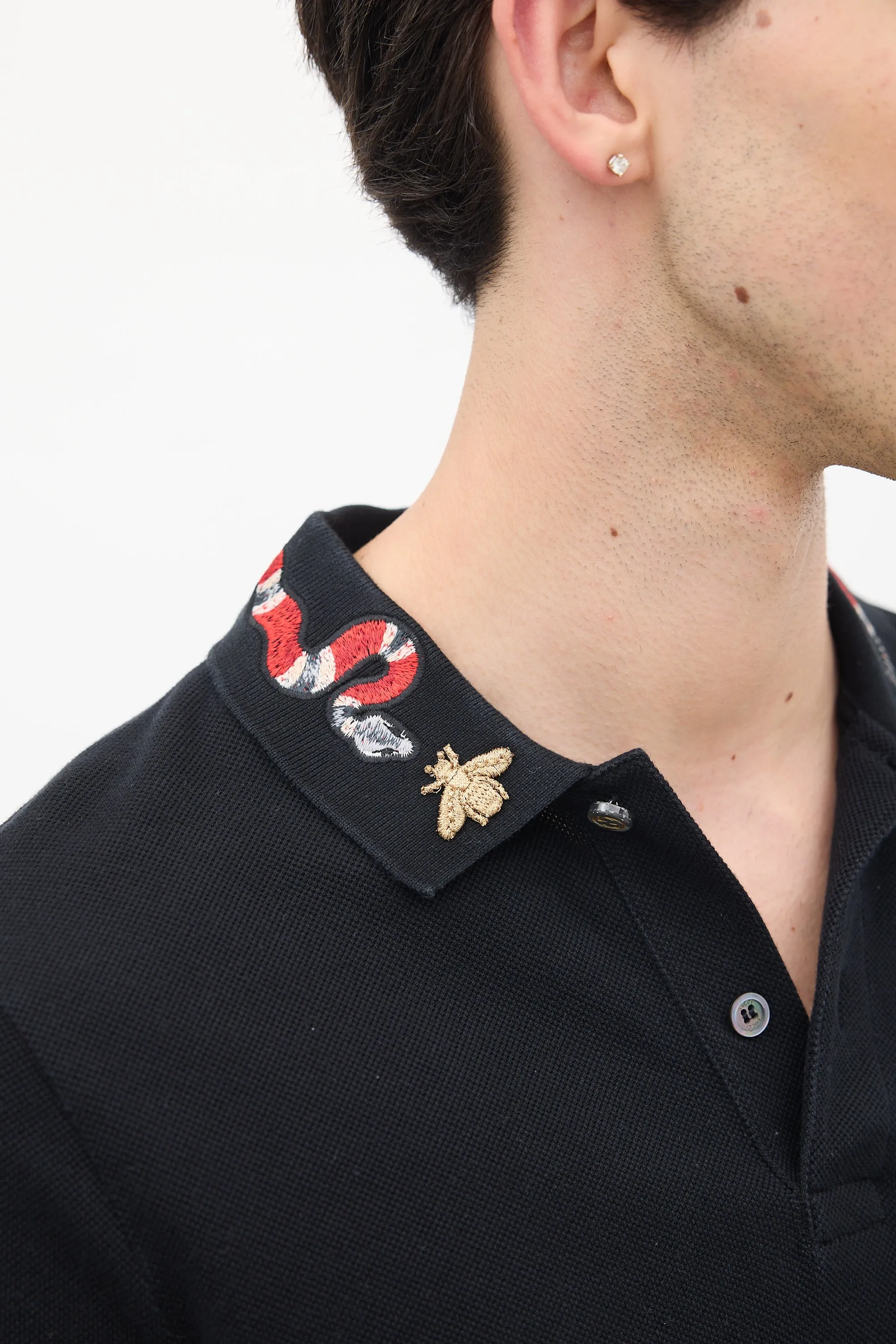 Black Cotton Embroidered Collar Polo