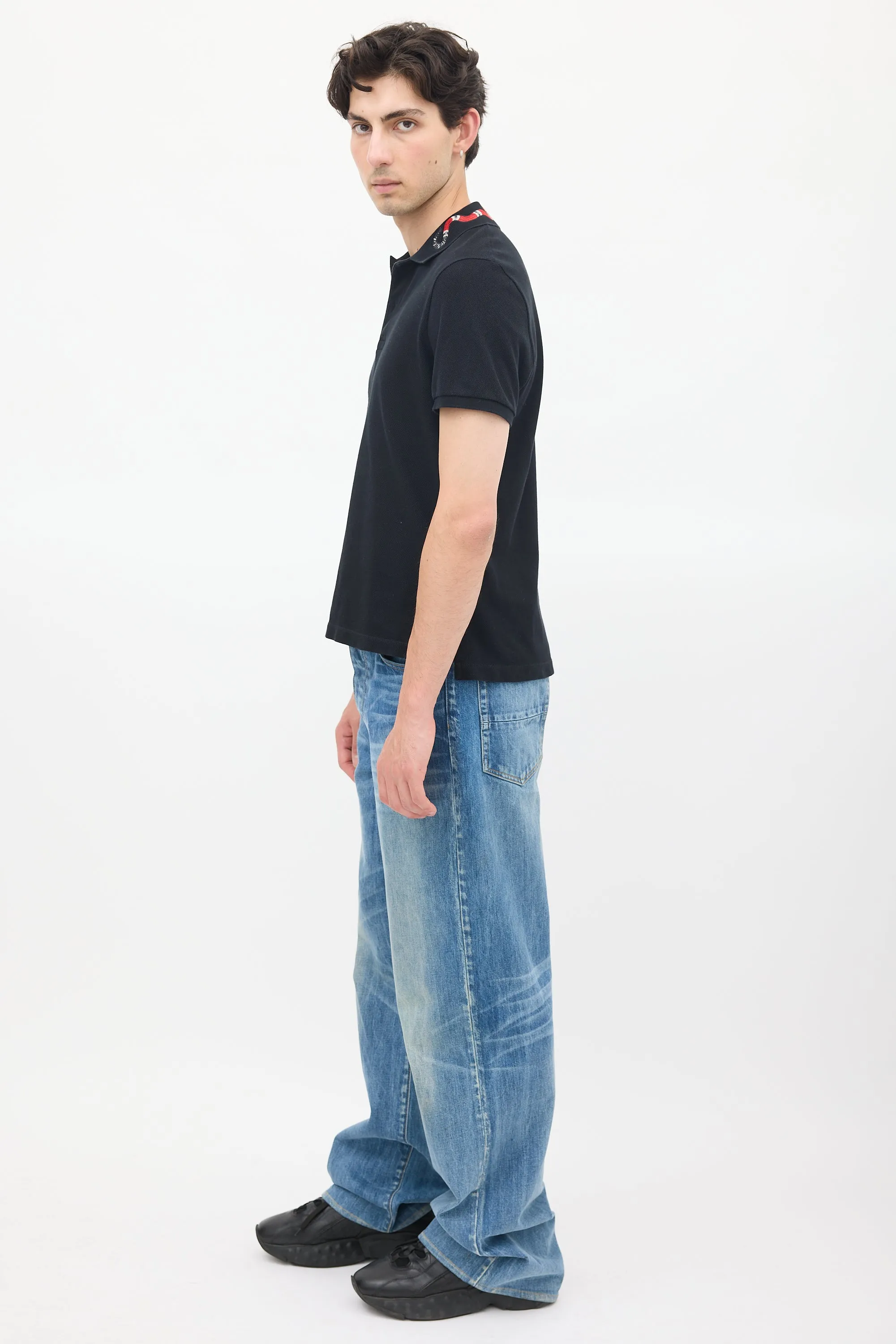 Black Cotton Embroidered Collar Polo