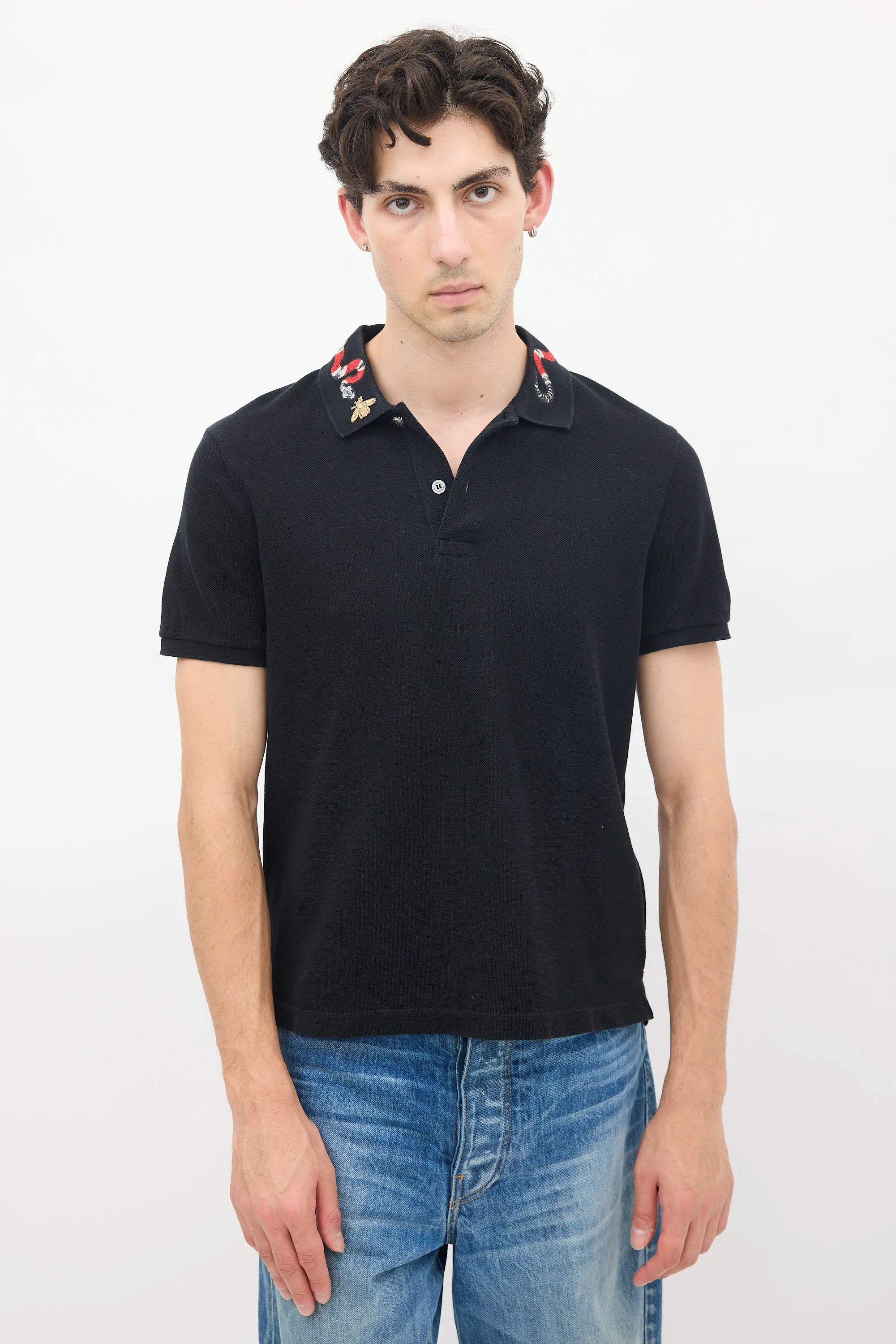Black Cotton Embroidered Collar Polo