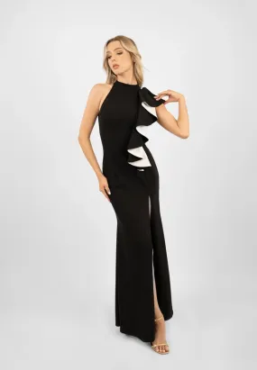Black Halterneck Maxi Dress With Frills