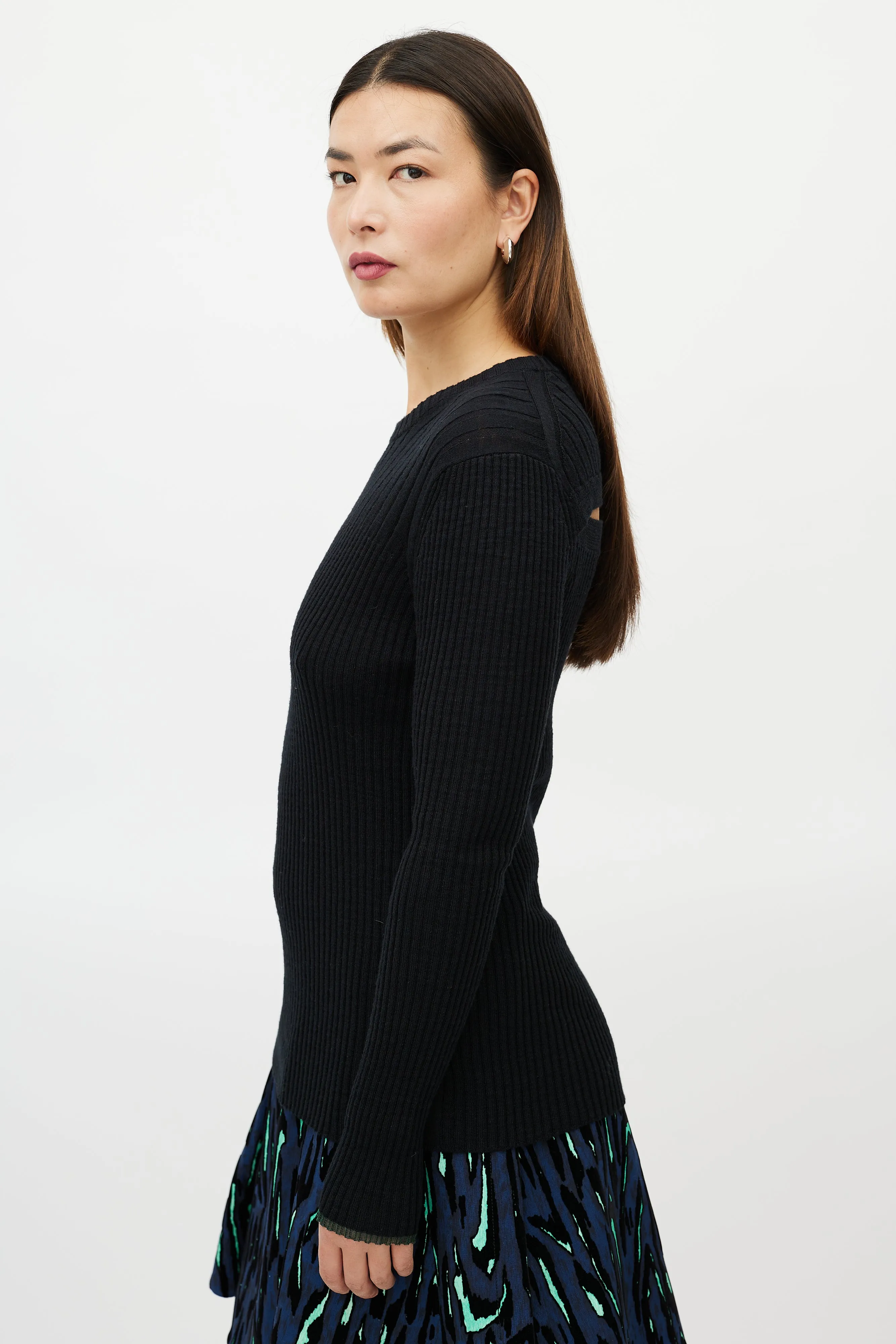 Black Ribbed Storm Flap Sweater
