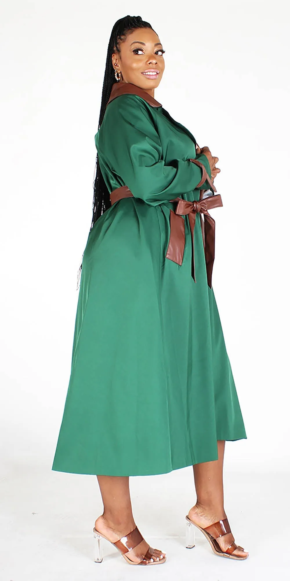 Callimoda EI1961X Green - Two-tone Faux Leather PlusSize Trench Coat