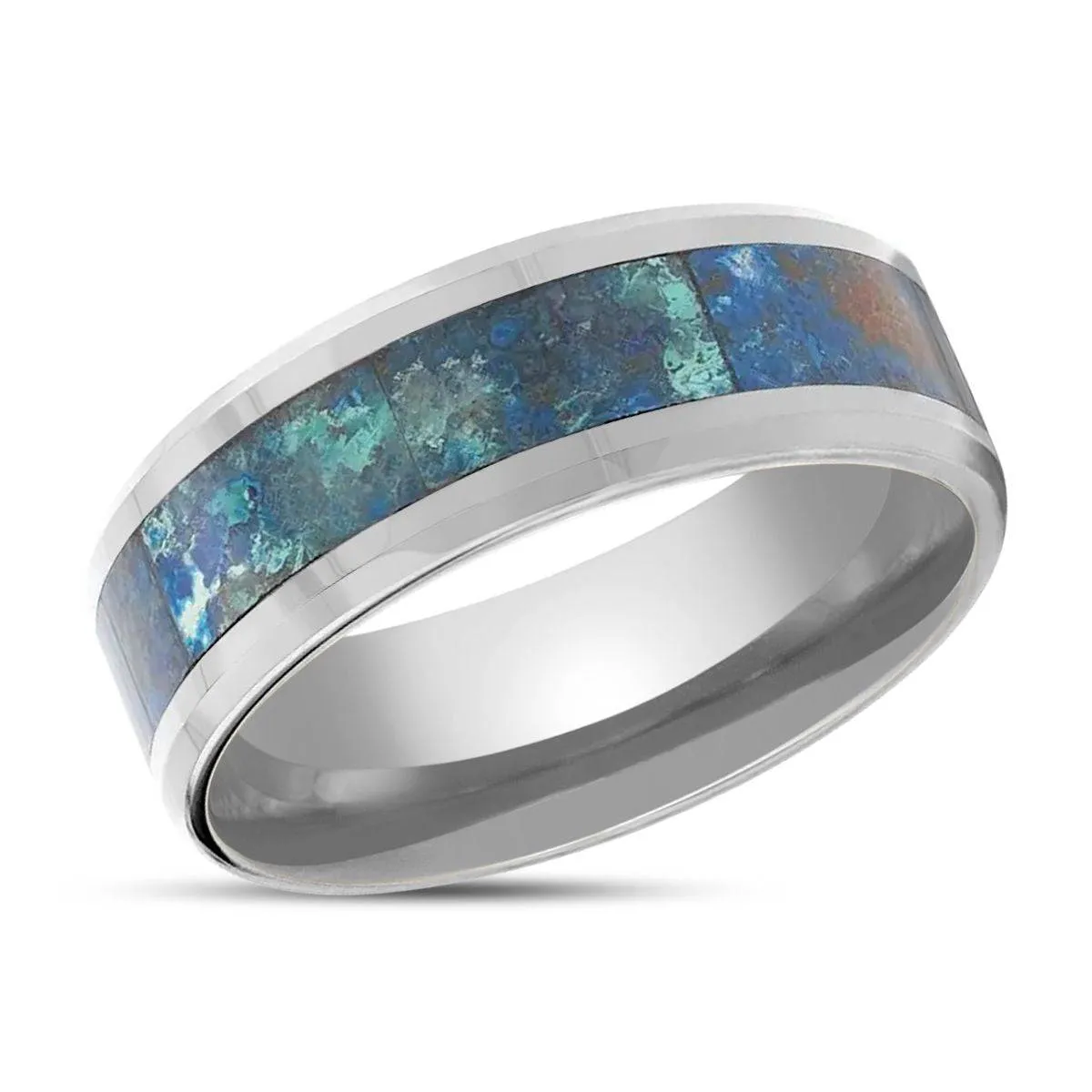 CALYPSO | Tungsten Ring, Chrysocolla Inlay, Beveled