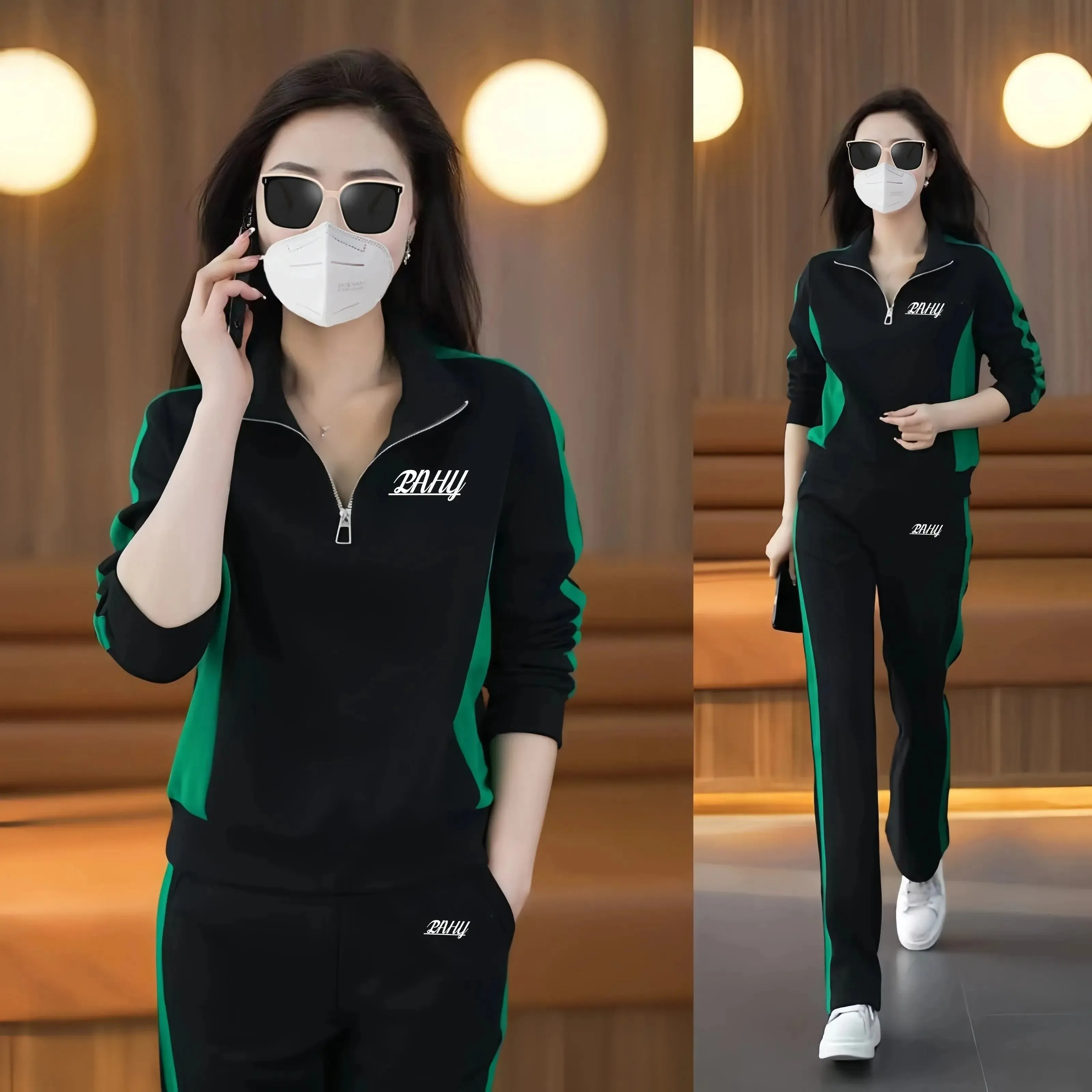 Casual sports suit for women spring and autumn 2024 new fashion stand-up collar sweatshirt wide-leg pants two-piece set