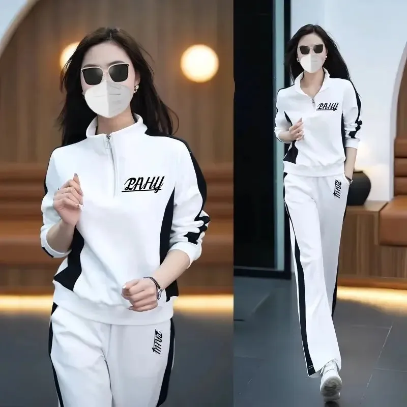 Casual sports suit for women spring and autumn 2024 new fashion stand-up collar sweatshirt wide-leg pants two-piece set