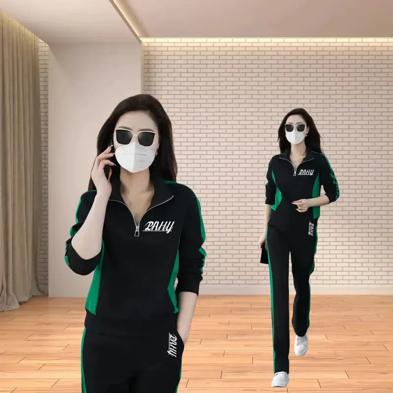 Casual sports suit for women spring and autumn 2024 new fashion stand-up collar sweatshirt wide-leg pants two-piece set