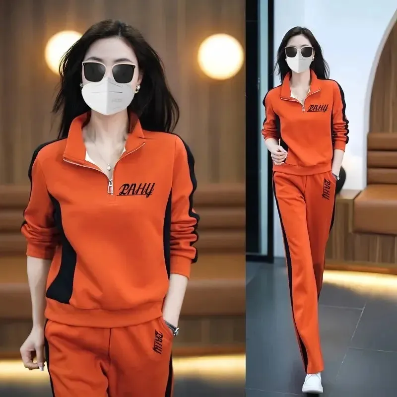 Casual sports suit for women spring and autumn 2024 new fashion stand-up collar sweatshirt wide-leg pants two-piece set