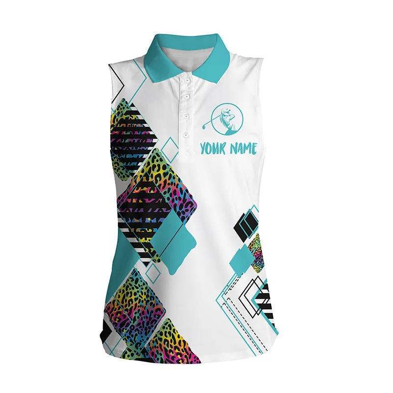 Custom Name Golf Gift For Women Polo Shirt, Colorful Women's Sleeveless Golf Polo White Shirt Leopard Pattern