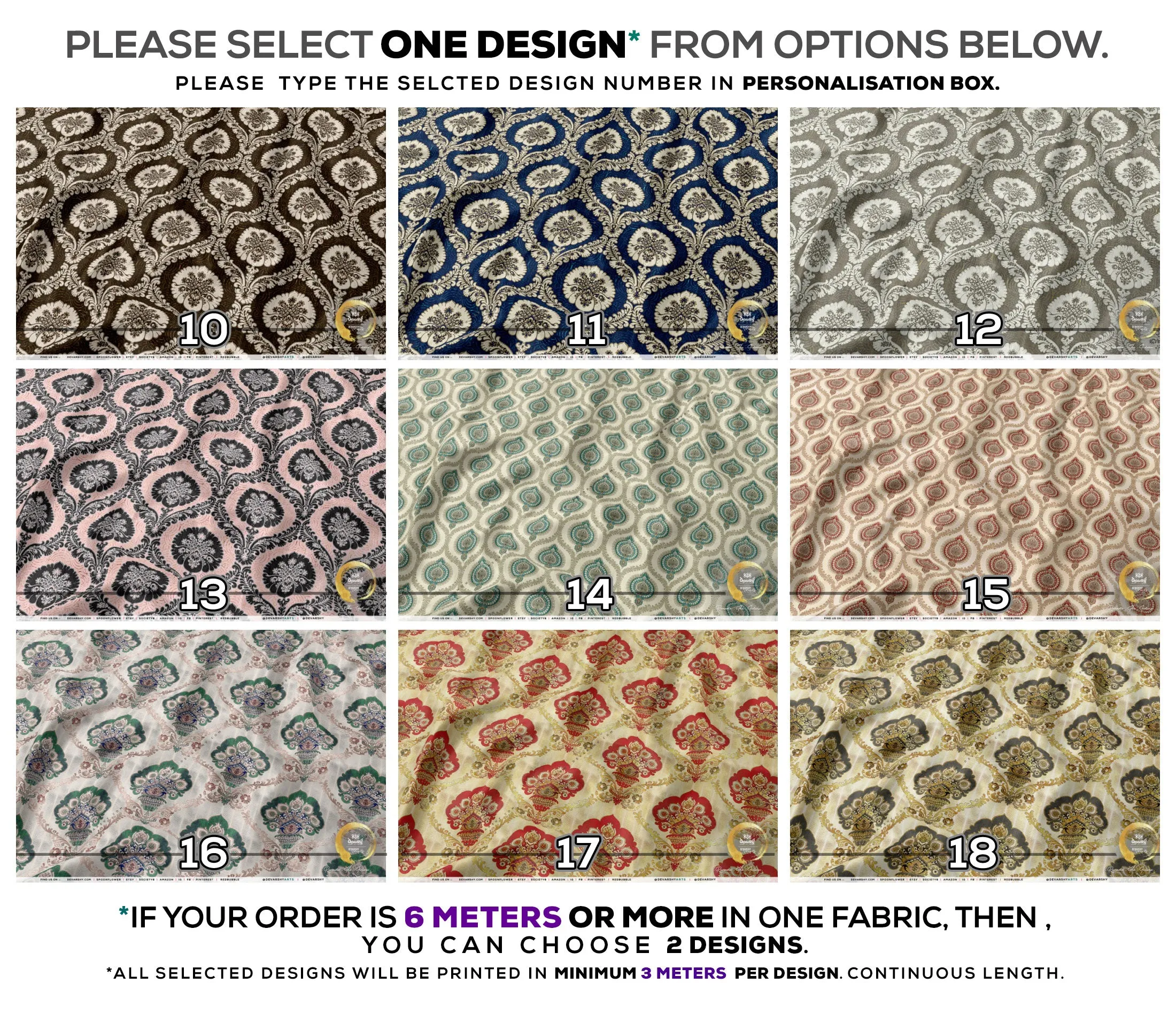 DamasQus Apparel Fabric 3Meters , 9 Designs | 8 Fabric Options | Damask Fabric By the Yard | 075