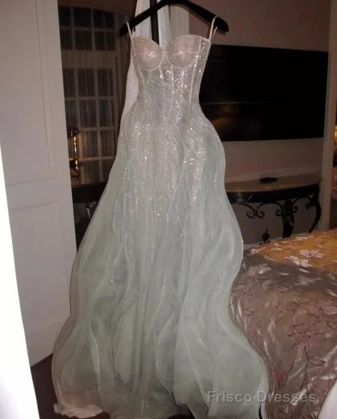 Gentle A-Line Sequined Tulle Strapless Long Prom Dress Adult Ceremony Prom Dress