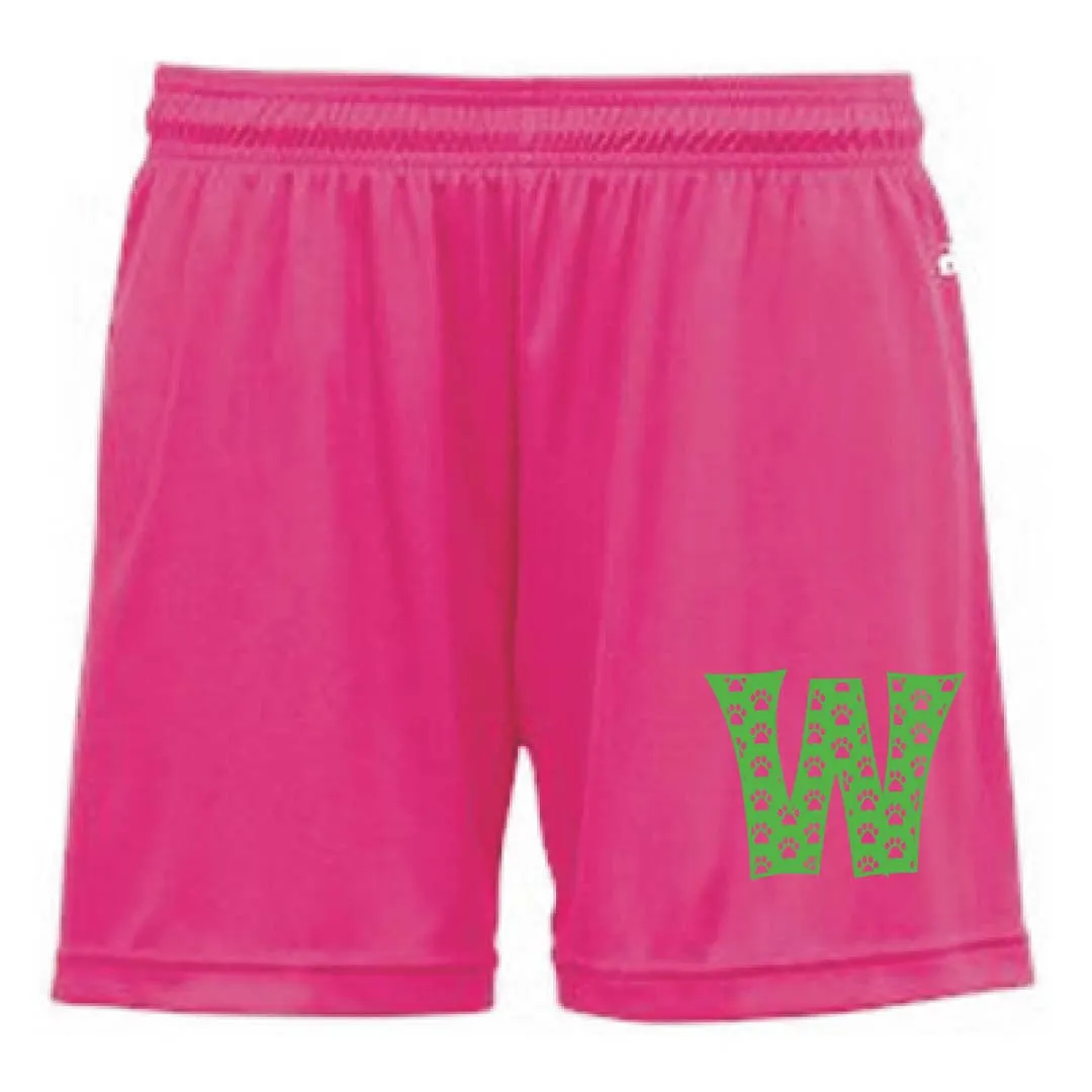 Girl's Moisture Wicking Shorts <br>HOT PINK with GREEN INK with PAW PRINT DESIGN