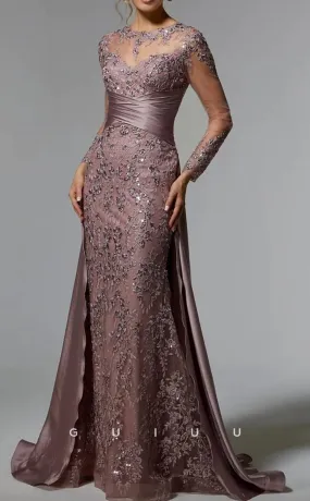 GM055 - Mermaid Long Sleeves Sweep Brush Train Appliques Stain Pleated Mother of the Bride Dress Formal Wedding Guest Gown