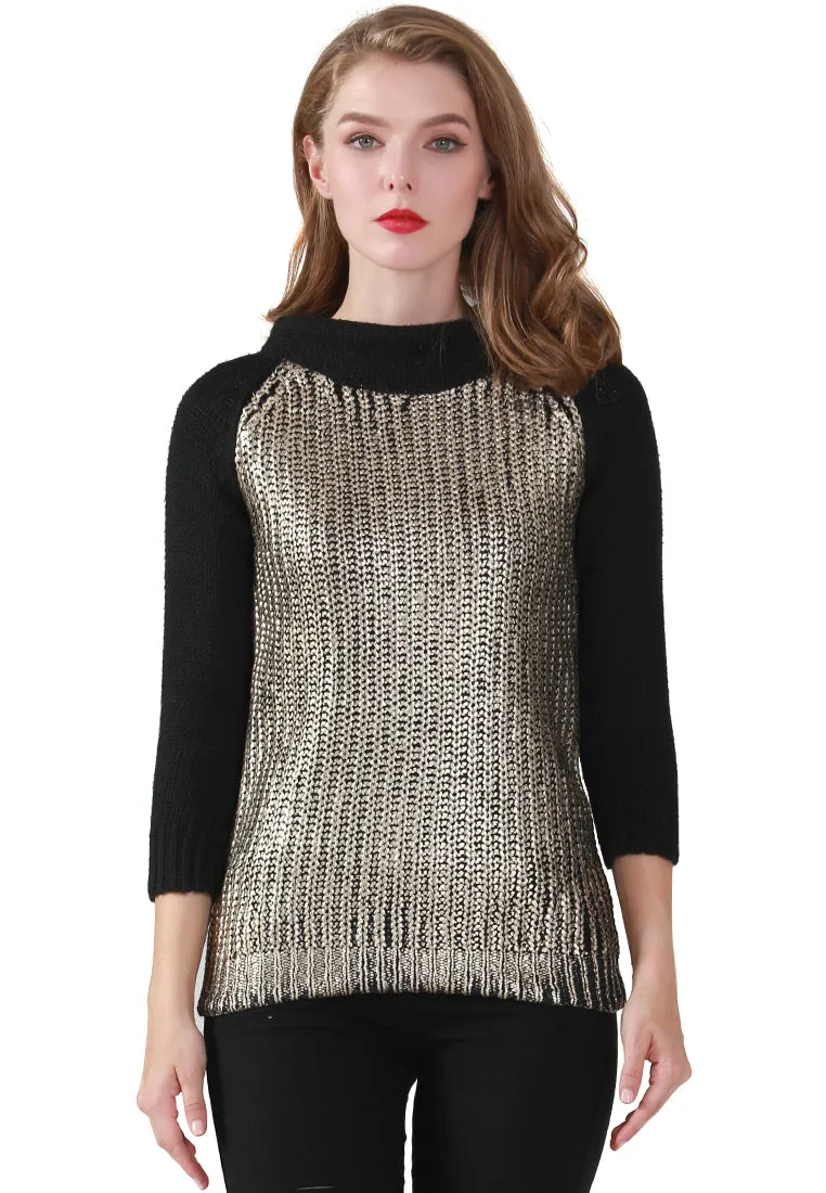 Gold Metallic Print Wide Turtle Neck Knit Sweater