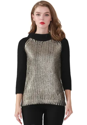 Gold Metallic Print Wide Turtle Neck Knit Sweater