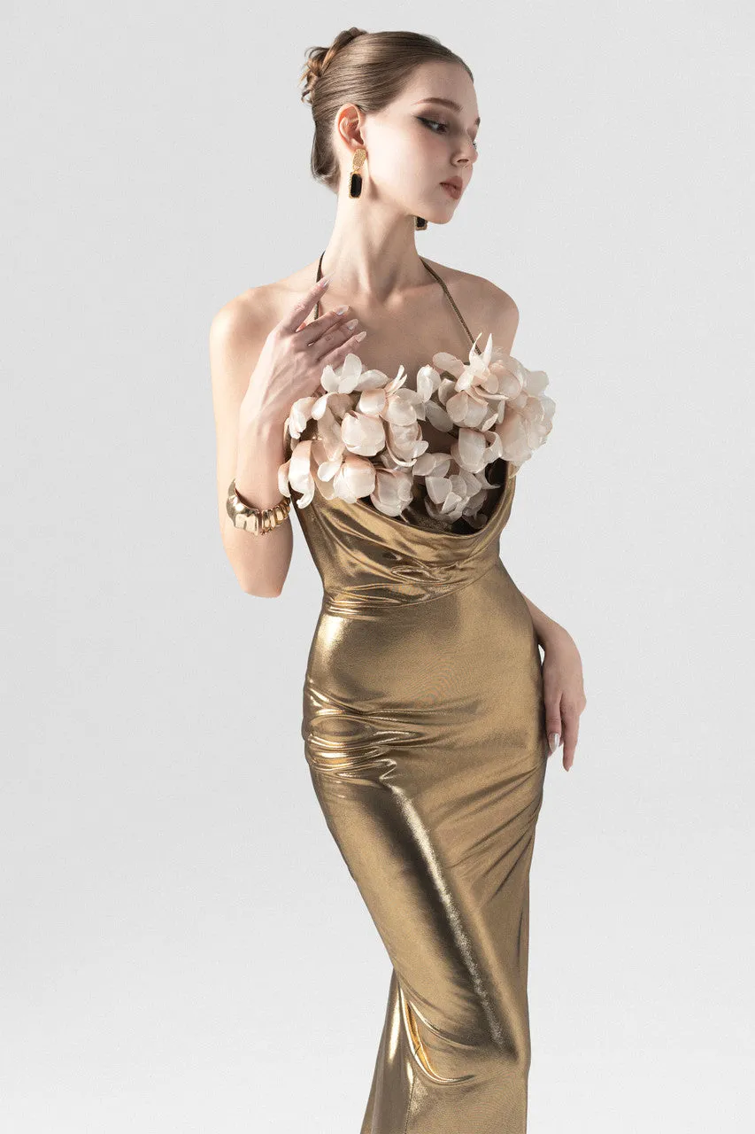 Golden Hooded Metallic Floral Appliqué Gown