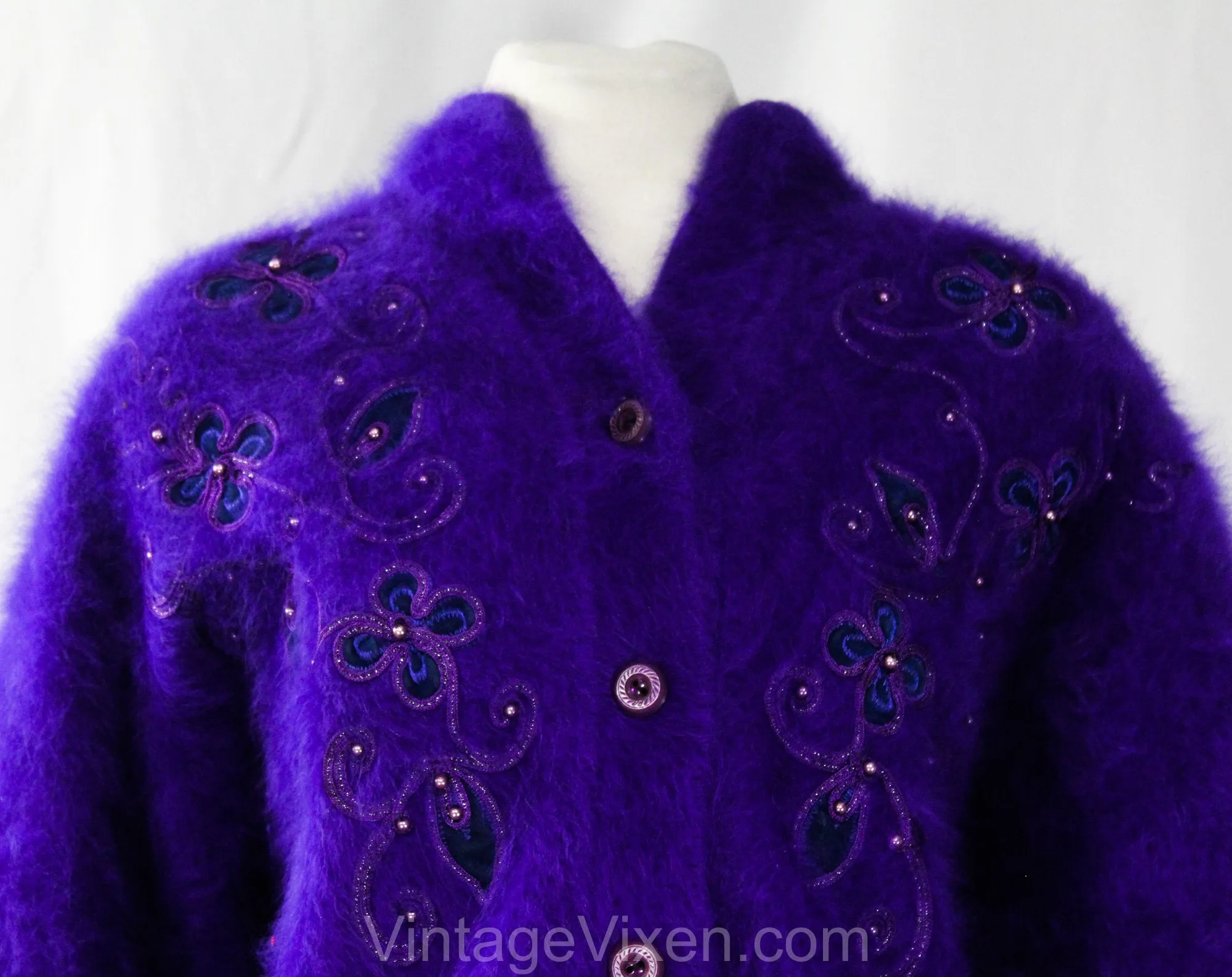 Grape Purple Angora Cardigan - Size 10 Medium Button Front Sweater - 80s Oversized Luxury Knit - Fuzzy Furry with Cord & Appliques - Hip 41