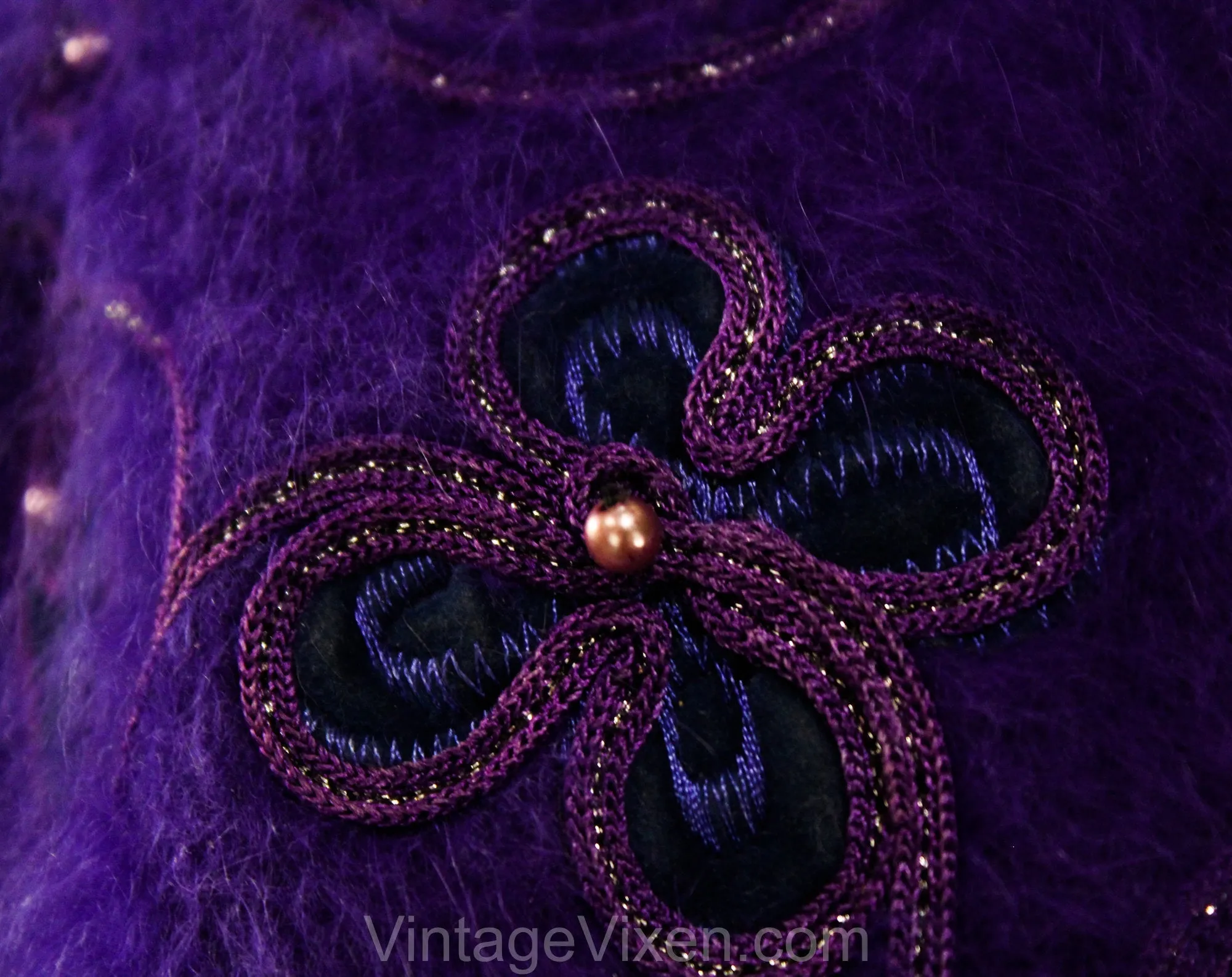 Grape Purple Angora Cardigan - Size 10 Medium Button Front Sweater - 80s Oversized Luxury Knit - Fuzzy Furry with Cord & Appliques - Hip 41