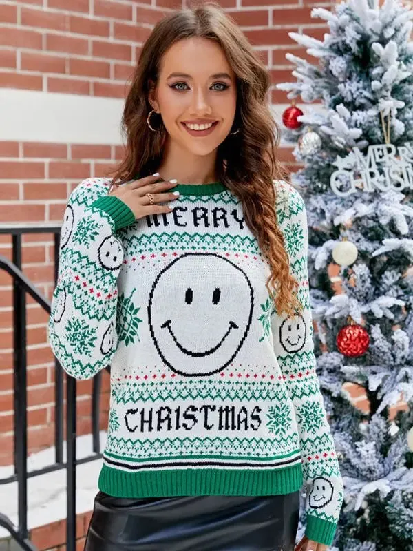 Green christmas sweater ｜Smiley face pattern