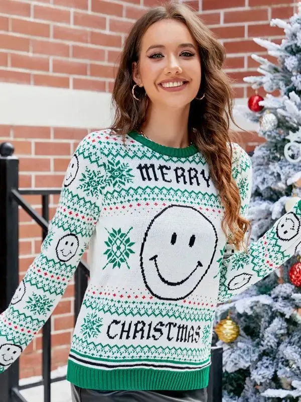 Green christmas sweater ｜Smiley face pattern