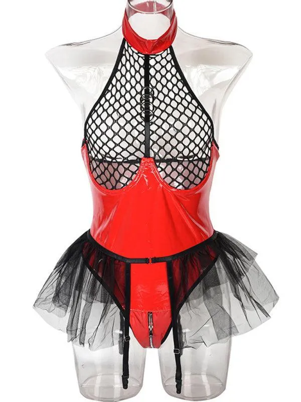 Halter Neck Leather Lingerie-grid Bodysuit