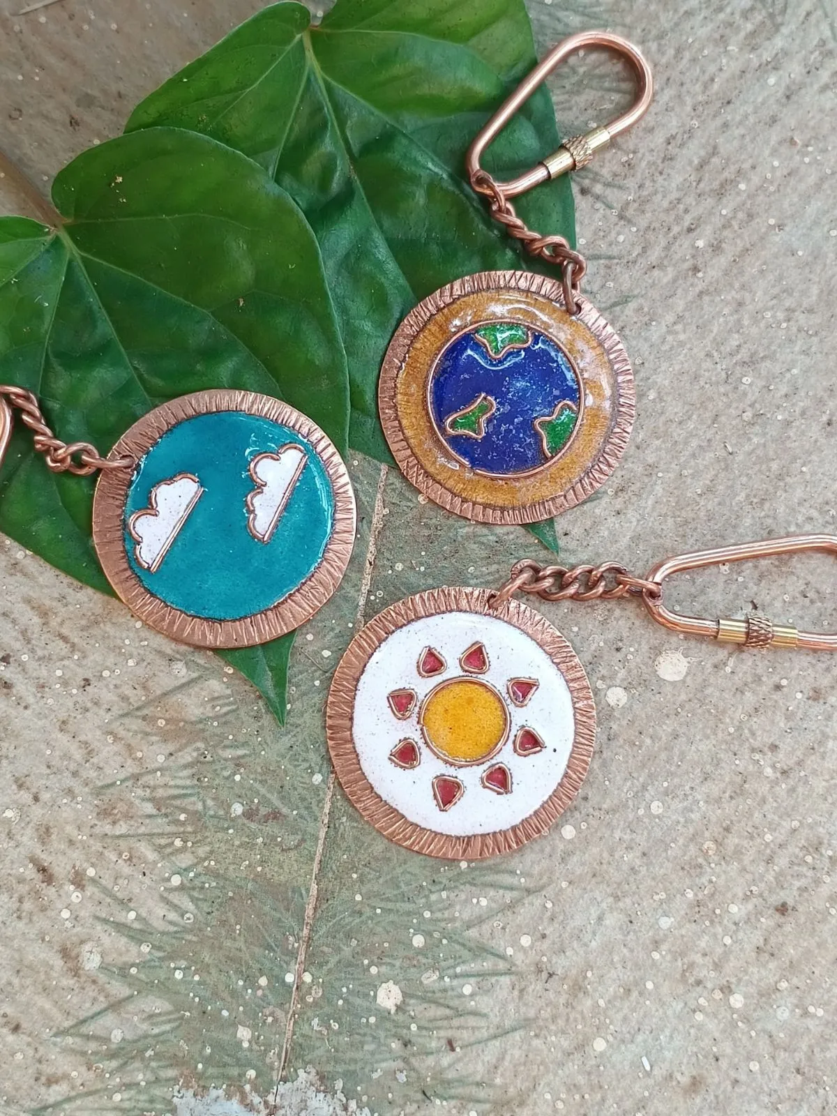 Handcrafted Copper Enamel Keychains (Set of 3) - Clouds/Moon/Sun