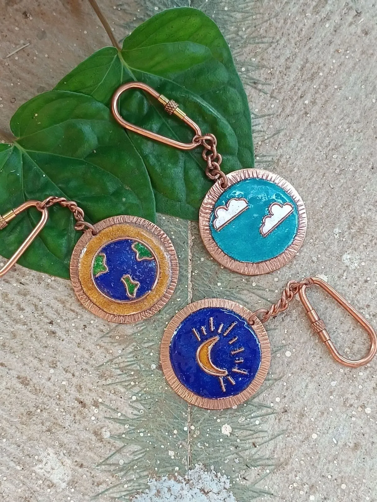 Handcrafted Copper Enamel Keychains (Set of 3) - Earth/Clouds/Moon