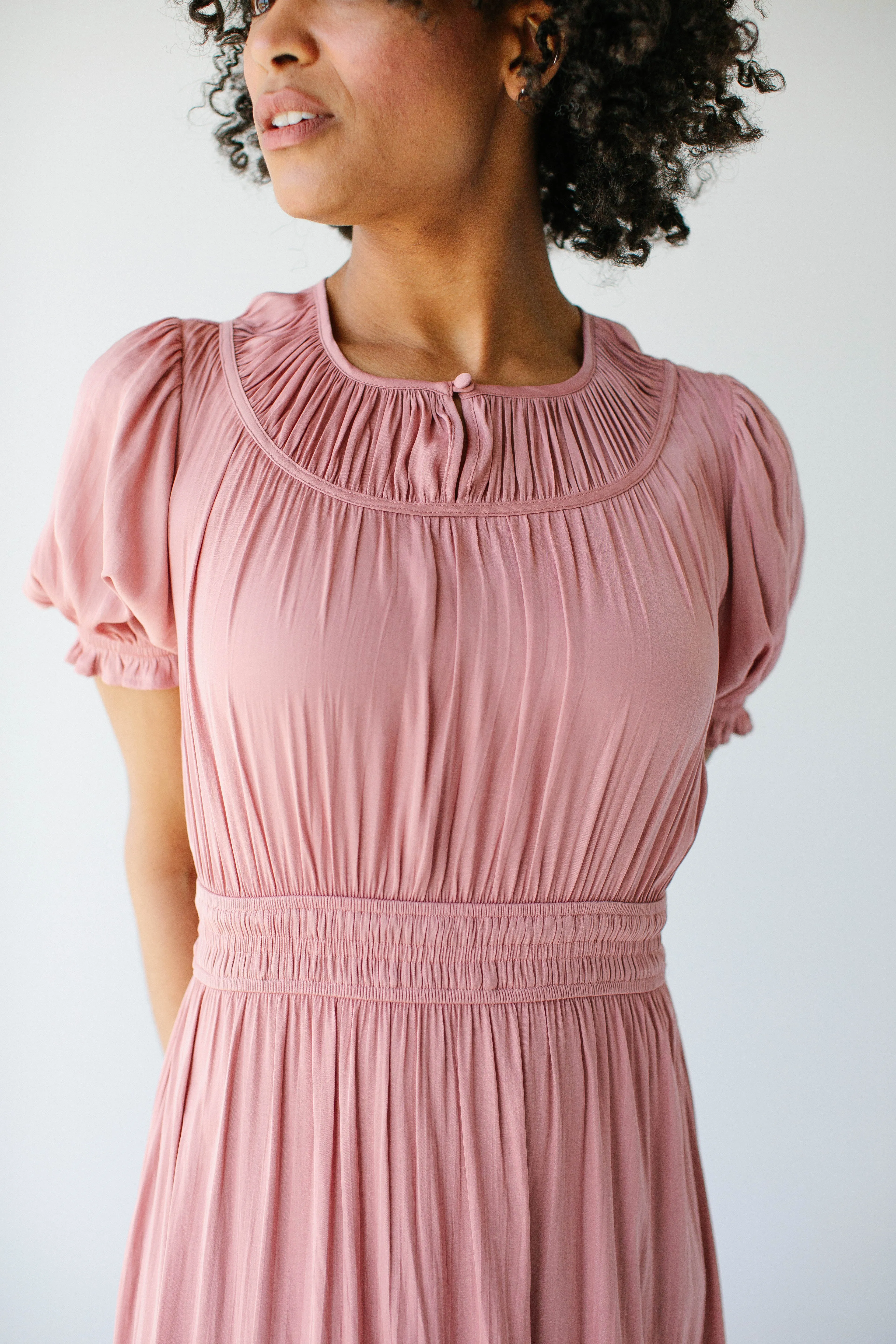 'Isabelle' Smocked Detail Maxi Dress in Soft Pink