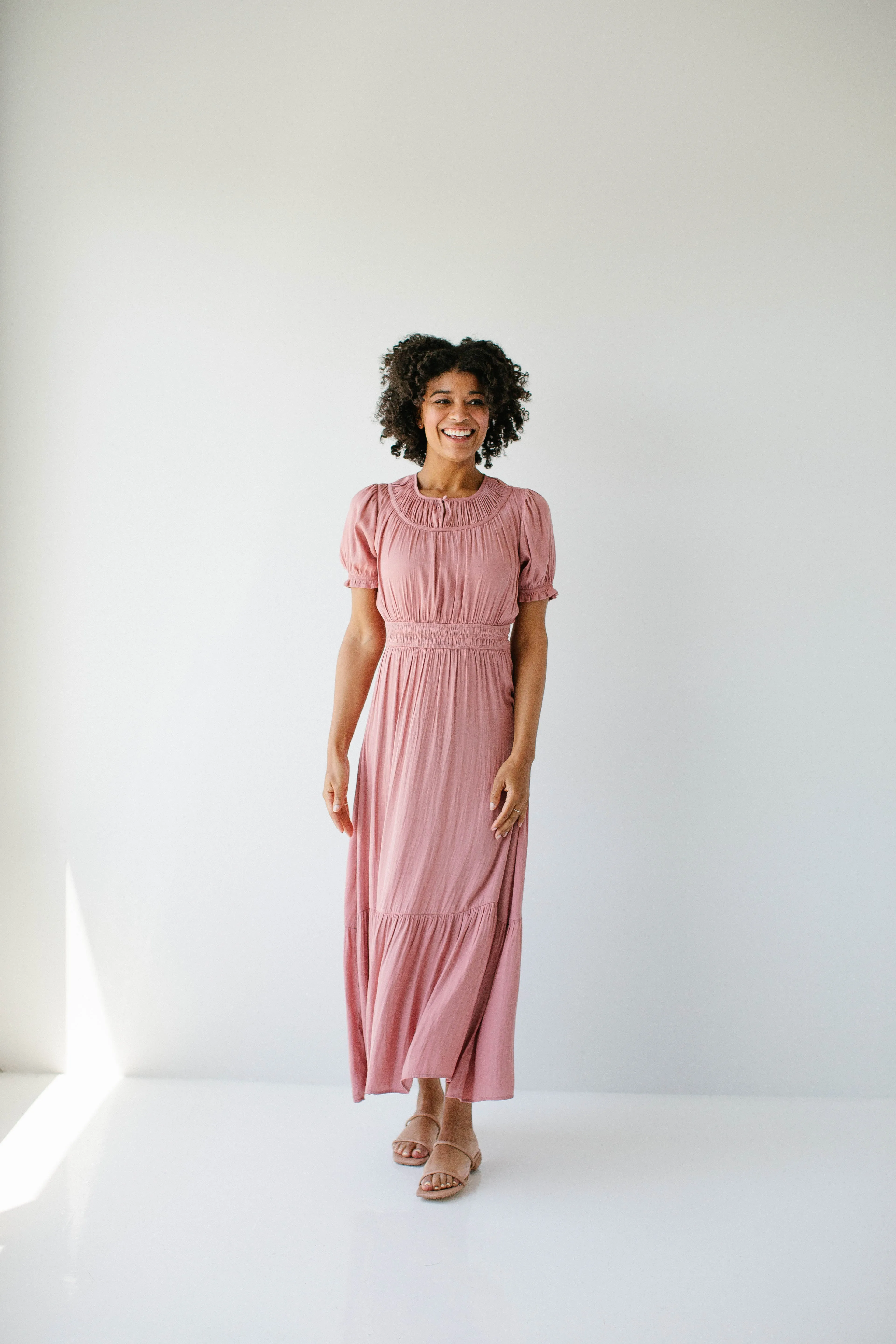 'Isabelle' Smocked Detail Maxi Dress in Soft Pink